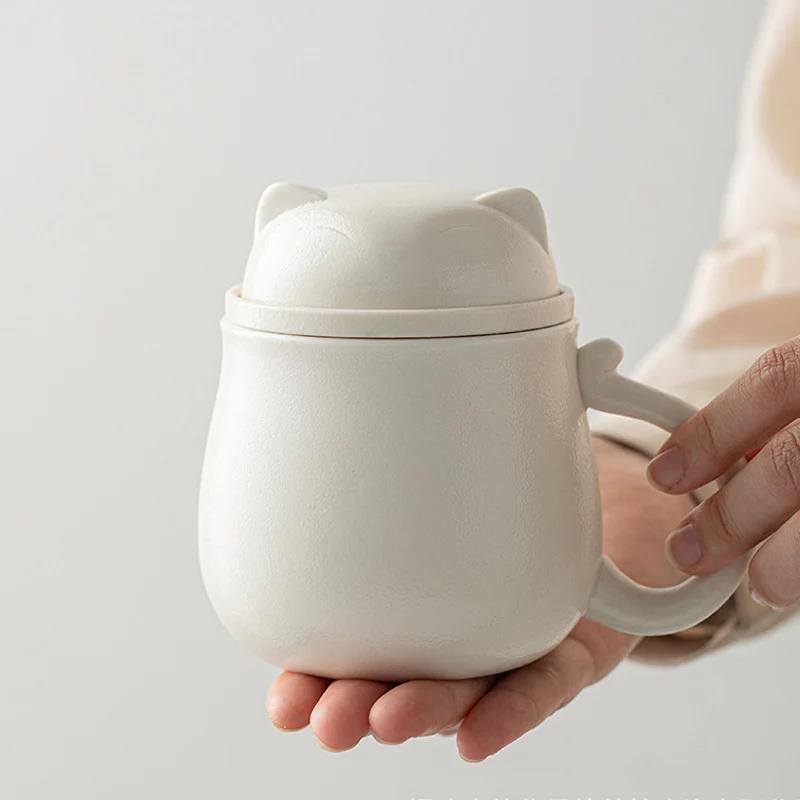 Lucky Cat Tea Separation Tea Cup Creative Water Cup Coffee Mug Drinking Ceramic Cup Office Mug with Lid Filter Drinkware Mugs