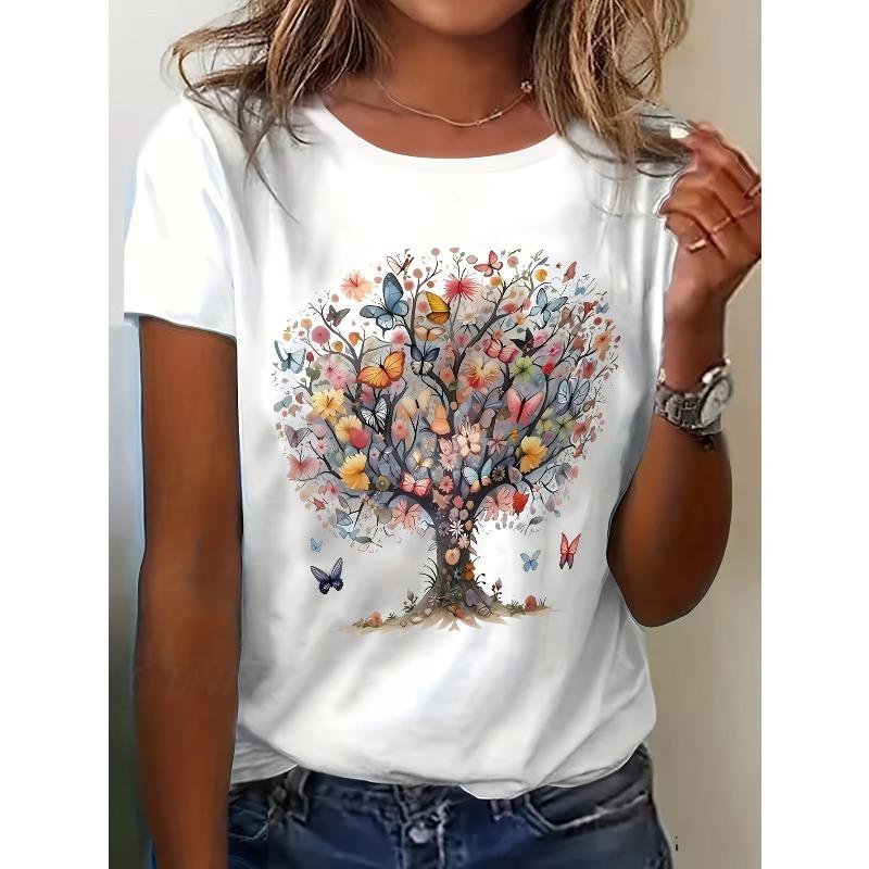 

European Size Women S Regular T-Shirt with a Round Neck Featuring a Colorful Butterfly Floral Tree Print. 4XL