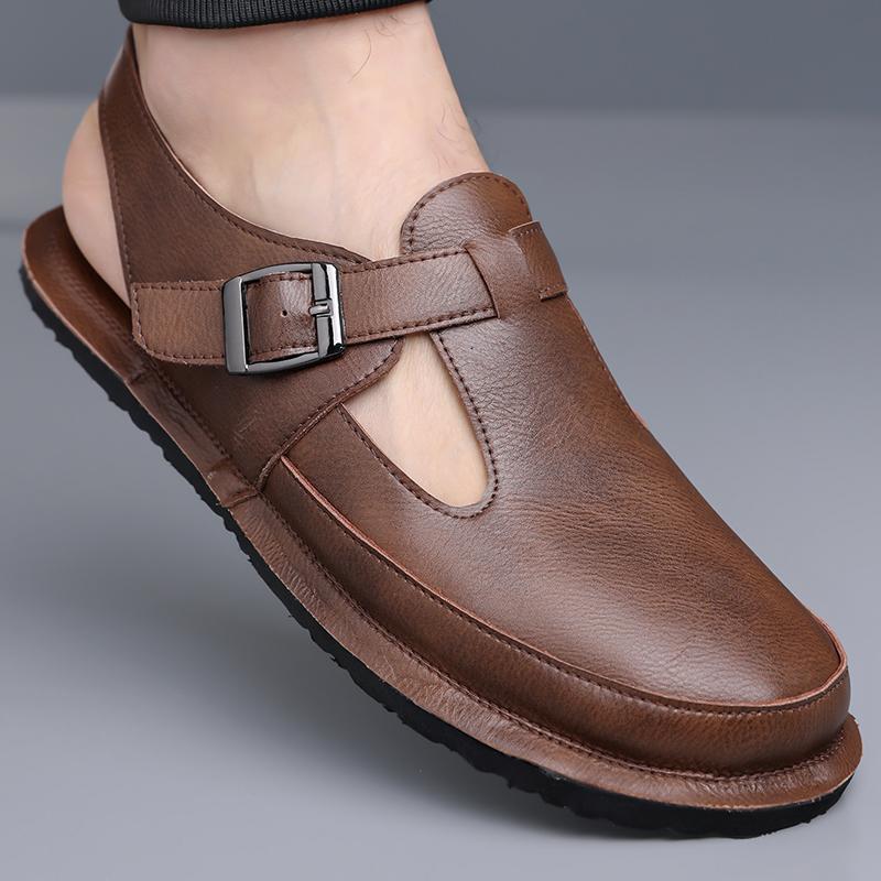 Men Flats Summer Roman Sandals Retro Brown Leather Closed Toe Beach Shoes Large Size
