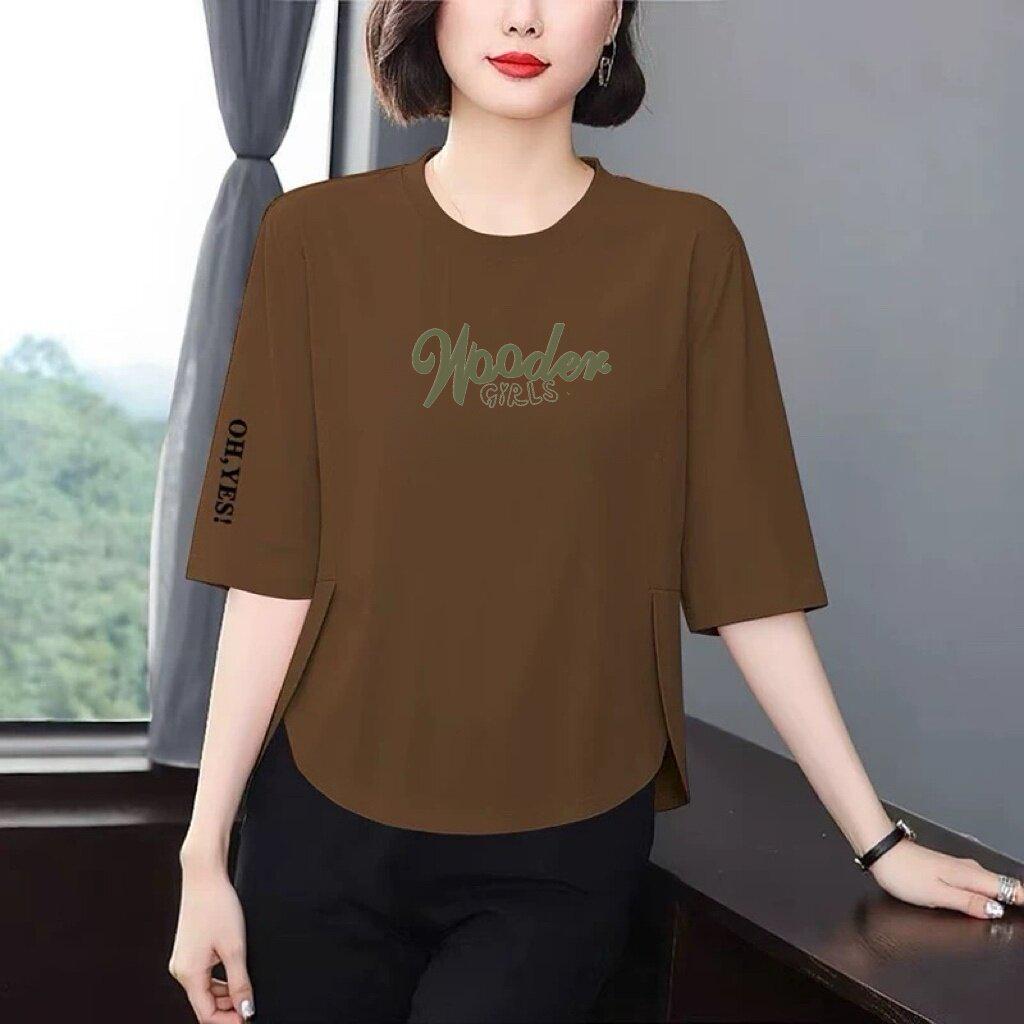 Mom s Chic Letter Print Seven-Sleeve T-Shirt: Flattering, Age-Defying Summer Top for Women XL