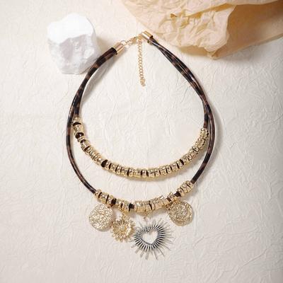 Retro Fashion Niche Design Sense Double Stacked Alloy Hollow Love Geometric Pendant Leather Women's Necklace