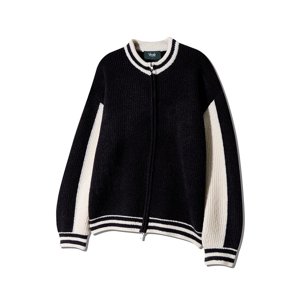 NODU Varsity Color Block Two-Way Round Zip-Up Knit Jacket [Black]