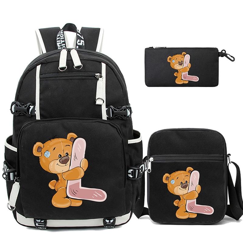 3Pcs/set Cute Little Bear 26 English Letters Bookbag Back To School Backpack Child Gift with Pencil Case Shoulder Bag Backpack
