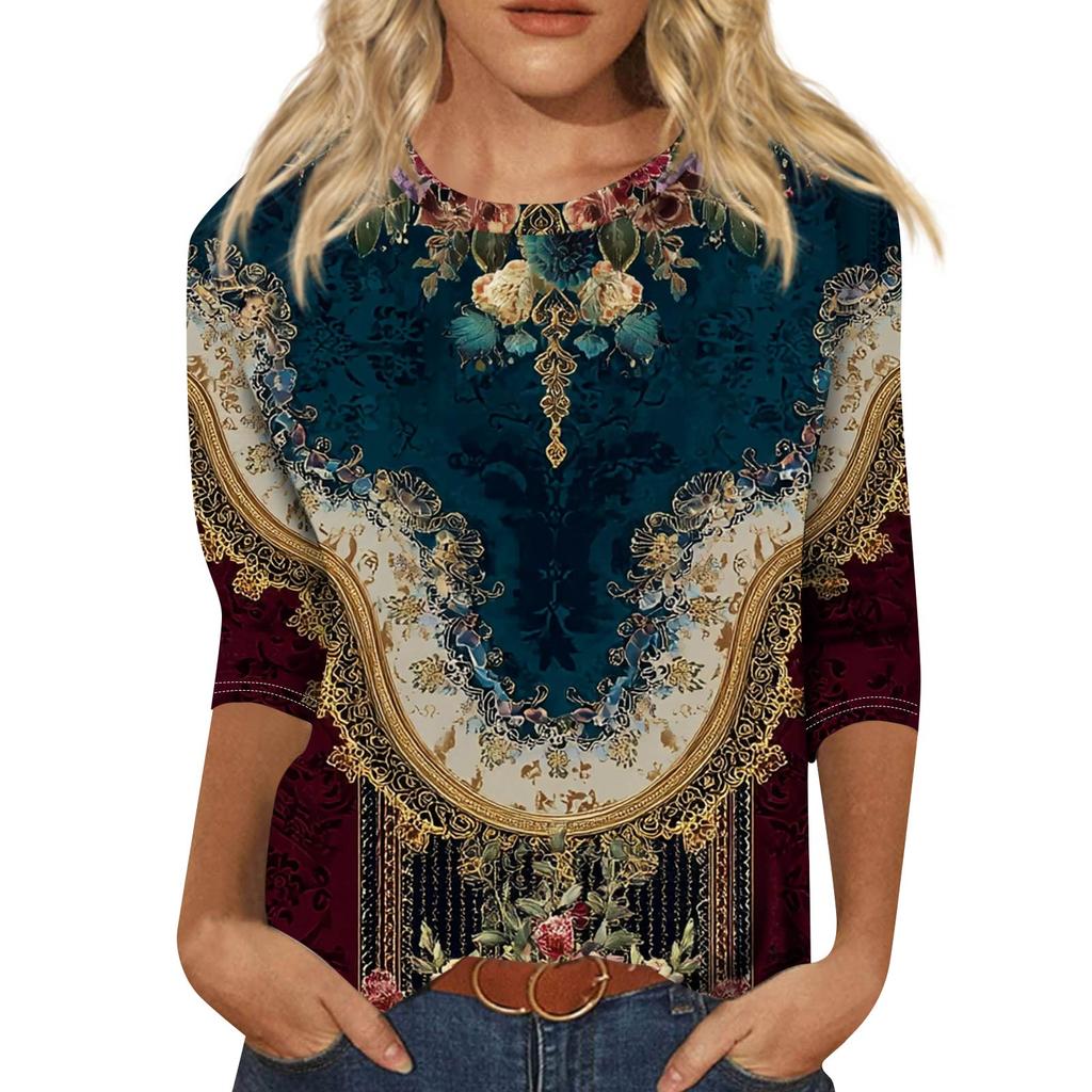 Trendy Vintage 3/4 Sleeve Top For Women,Ladies Casual Three Quarter Sleeve Round Collar Printed T-Shirt Blouse