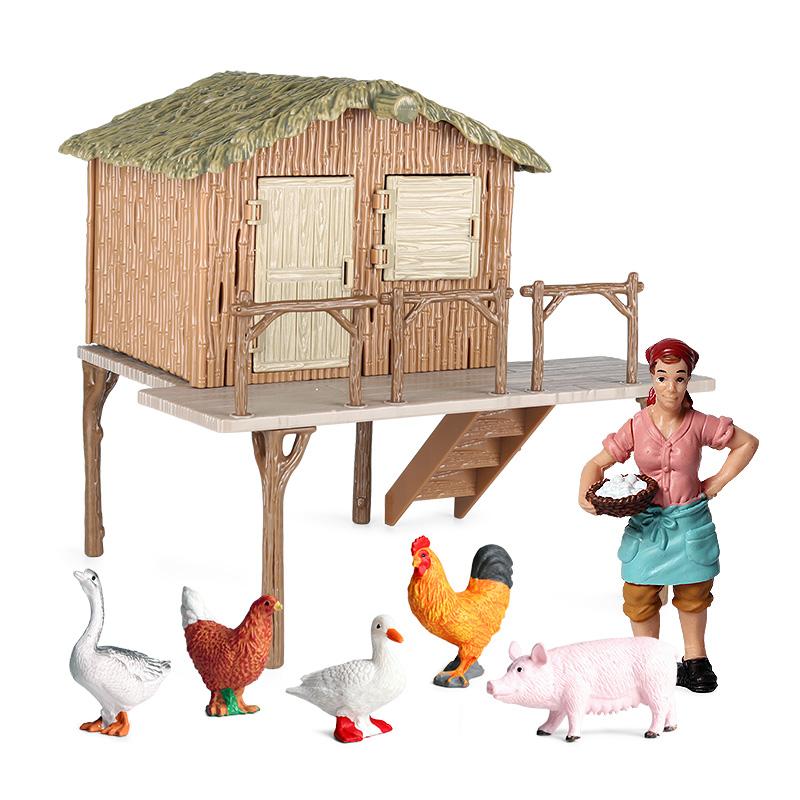 Oenux Gårdsmodell Actionfigurer Bonde Motorsykkel Ku Høne Gris Dyr Sett Figur Minityr PVC Søt Pedagogisk Leketøy for Barn