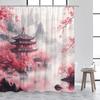Japanese Style Shower Curtain Town Architecture Arch Bridge Pink Cherry Blossom Sunset Mountain Landscape Bathroom Curtain Decor