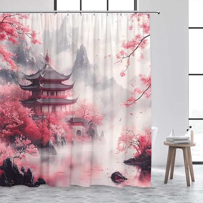 Japanese Style Shower Curtain Town Architecture Arch Bridge Pink Cherry Blossom Sunset Mountain Landscape Bathroom Curtain Decor