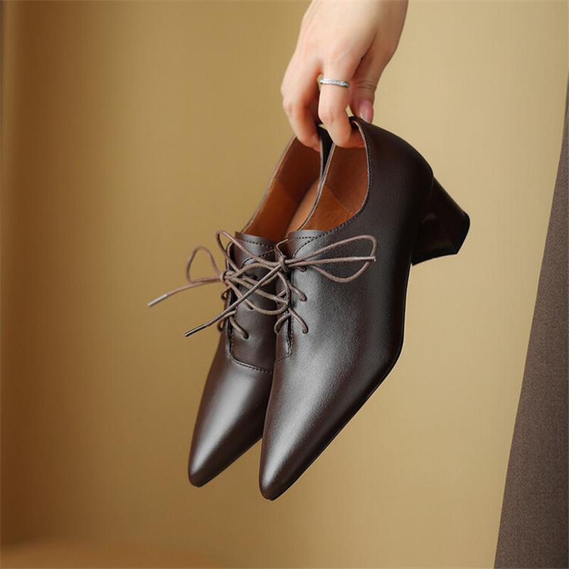 Fashion New Spring Split Leather Women Shoes Pointed Toe Women Pumps Chunky Heels Loafers Shoes for Women French Retro Lace Casual Shoes