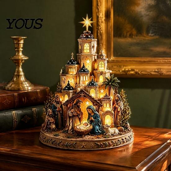 Christmas Mantel Ornament Bethlehem Nativity Church Light Tower, Lighted Village Scene with Star Glowing Religious Table Centerpiece Tower & Figurine,