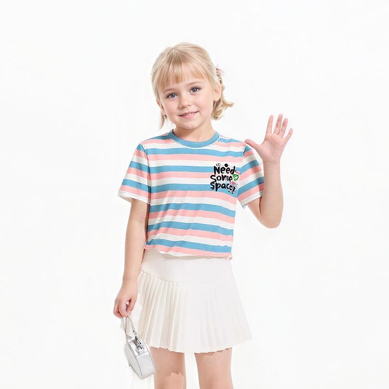 Kız Çocukları İçin Uyumlu Çizgili Kısa Kollu Tişört Çocuk Yazlık Nefes Alabilen Üst Yazılı