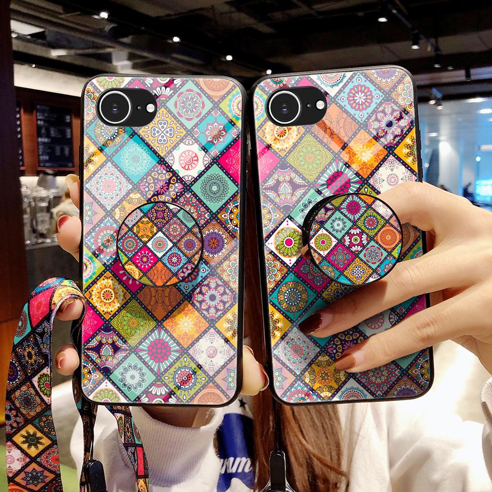 For iPhone 16e Case Kickstand Ethnic Pattern Tempered Glass Phone Cover with Strap