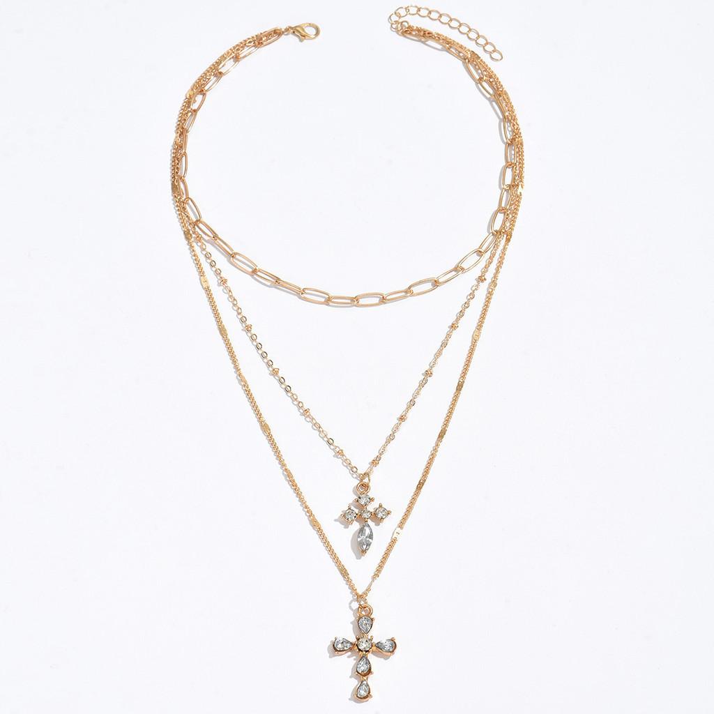 Cross Necklace Women Layered Geometric Alloy Pendant Chain For Casual Wear