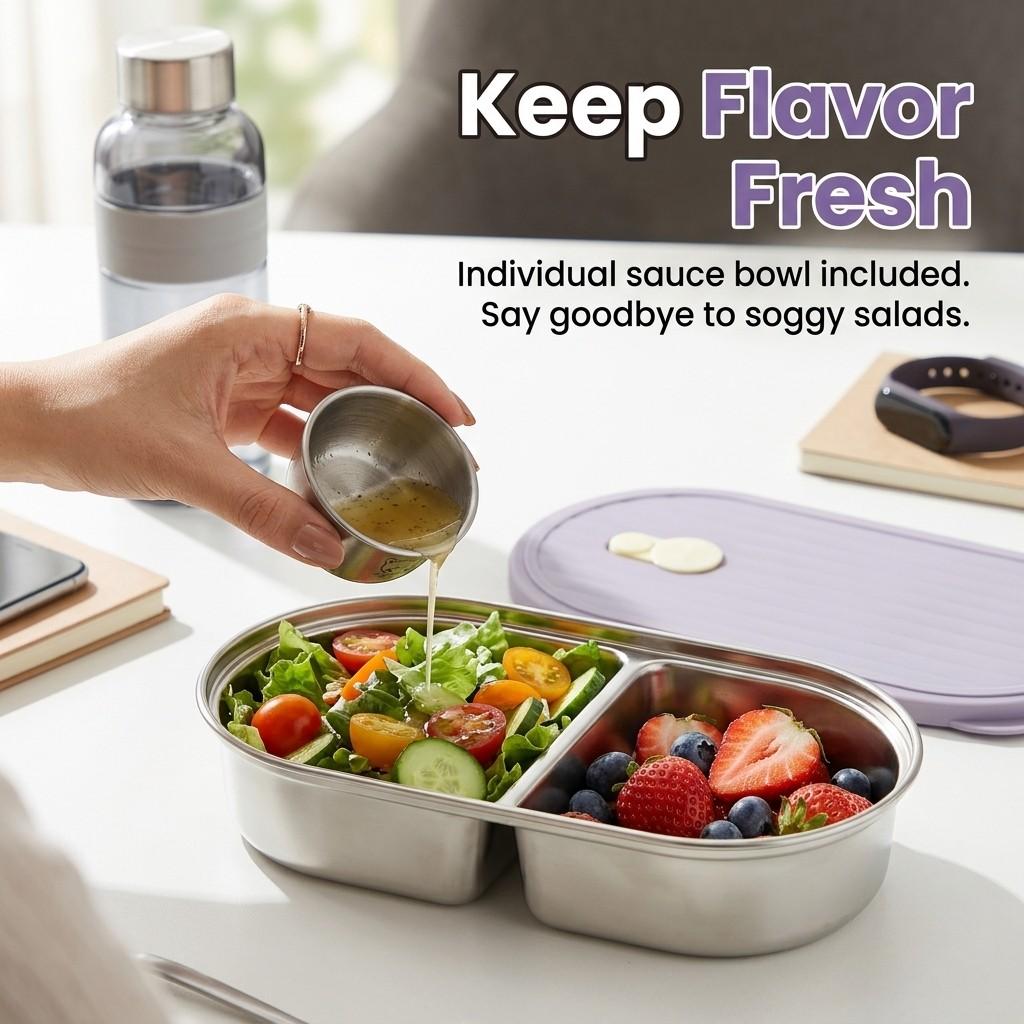 Portable Reusable Divided Lunch Box For Students 304 Stainless Steel Fruit Salad Food Container Sealed Bento Box With Sauce Box
