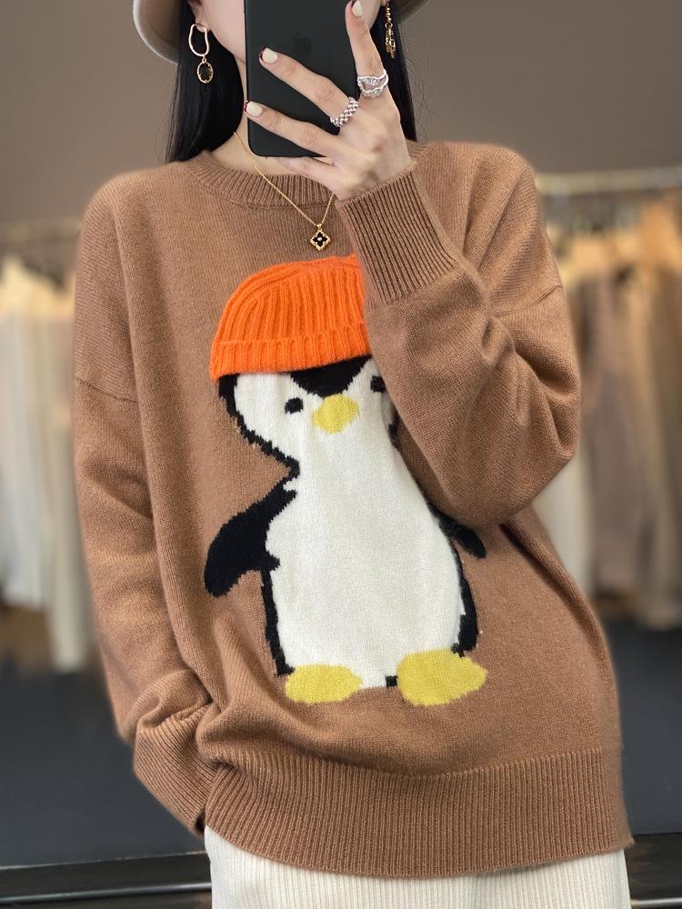Women's Thickened Loose Cartoon Penguin Wool Sweater, Autumn/Winter, Color Block, Round Neck.