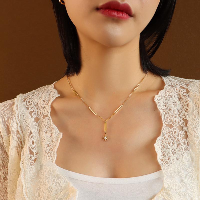 European Eight-Pointed Star Zircon Pendant Necklace, 18K Gold-Plated Titanium Steel with Tassel Lock Design for Women