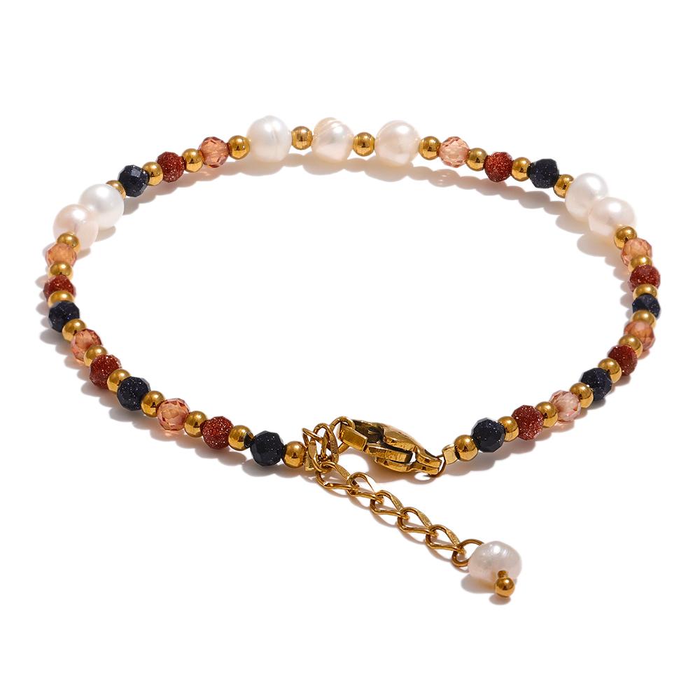 

Yhpup Natural Stone Freshwater Pearl Bead Chain Bling Bracelet Bangle Stainless Steel Handmade Fashion Waterproof Jewelry Women