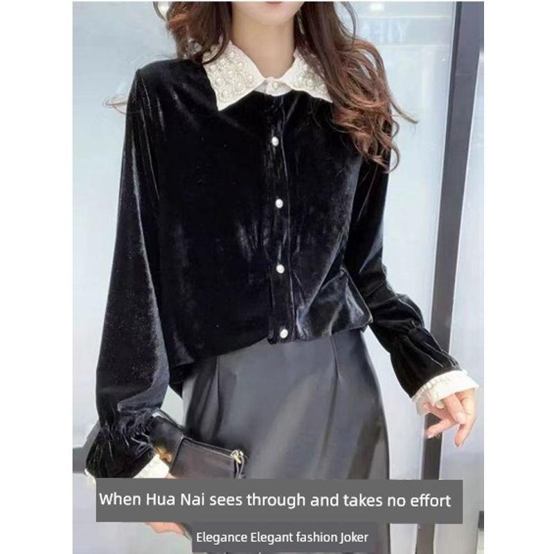 

Big Pearl Peter Pan Collar Tops! Export Single Women s Long-Sleeved Gold Velvet Quality Shirt Spring & Fall Winter New Outwear Black L recommend 57.50kg