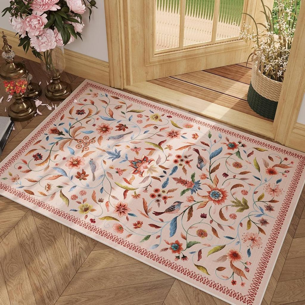 Retro Artistic Floral Bird Pattern Area Rug Boho Ethnic Style Entrance Doormat Bedroom Living Room Kitchen Decor Carpet