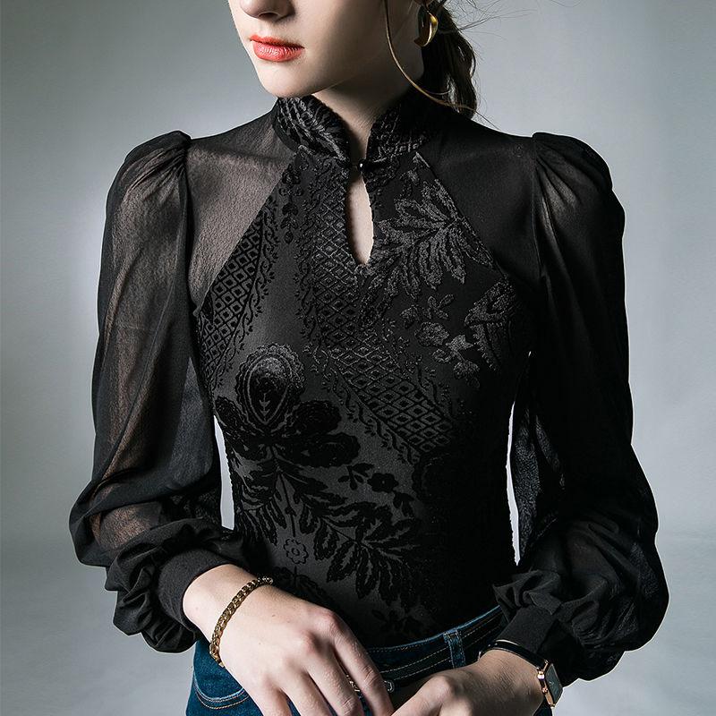 Cămașă de bază cu guler înalt gol, cu mâneci lungi pentru femei, cu inserții din plasă, mâneci tip felinar, stil retro de toamnă, top șic