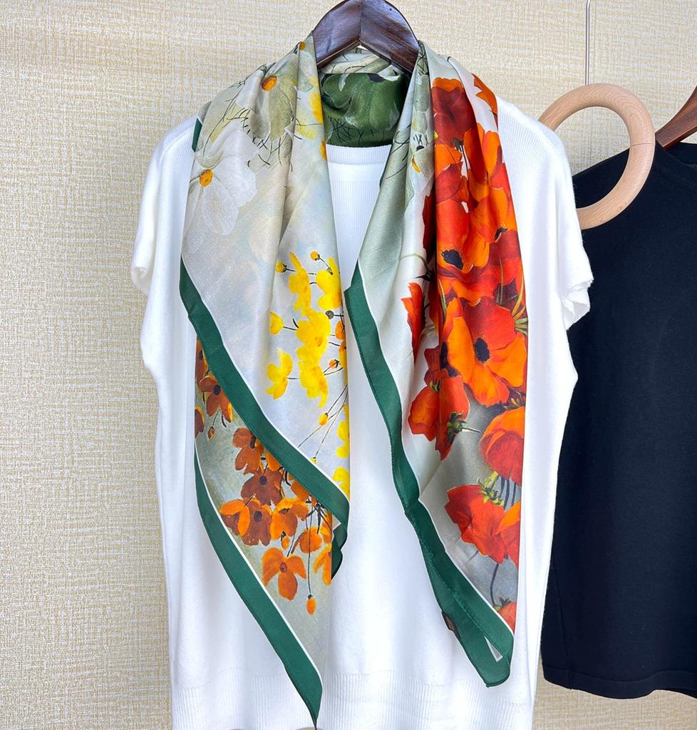 Oil Painting Style! Silk Scarf Women'S Spring Summer Versatile 90Cm Large Square Scarf Decorative Mulberry Silk Silk Scarf Shawl