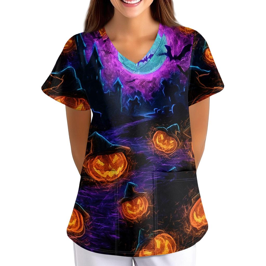 Women's Halloween Print Costume V-Neck Short Sleeve Loose Fit with Pockets