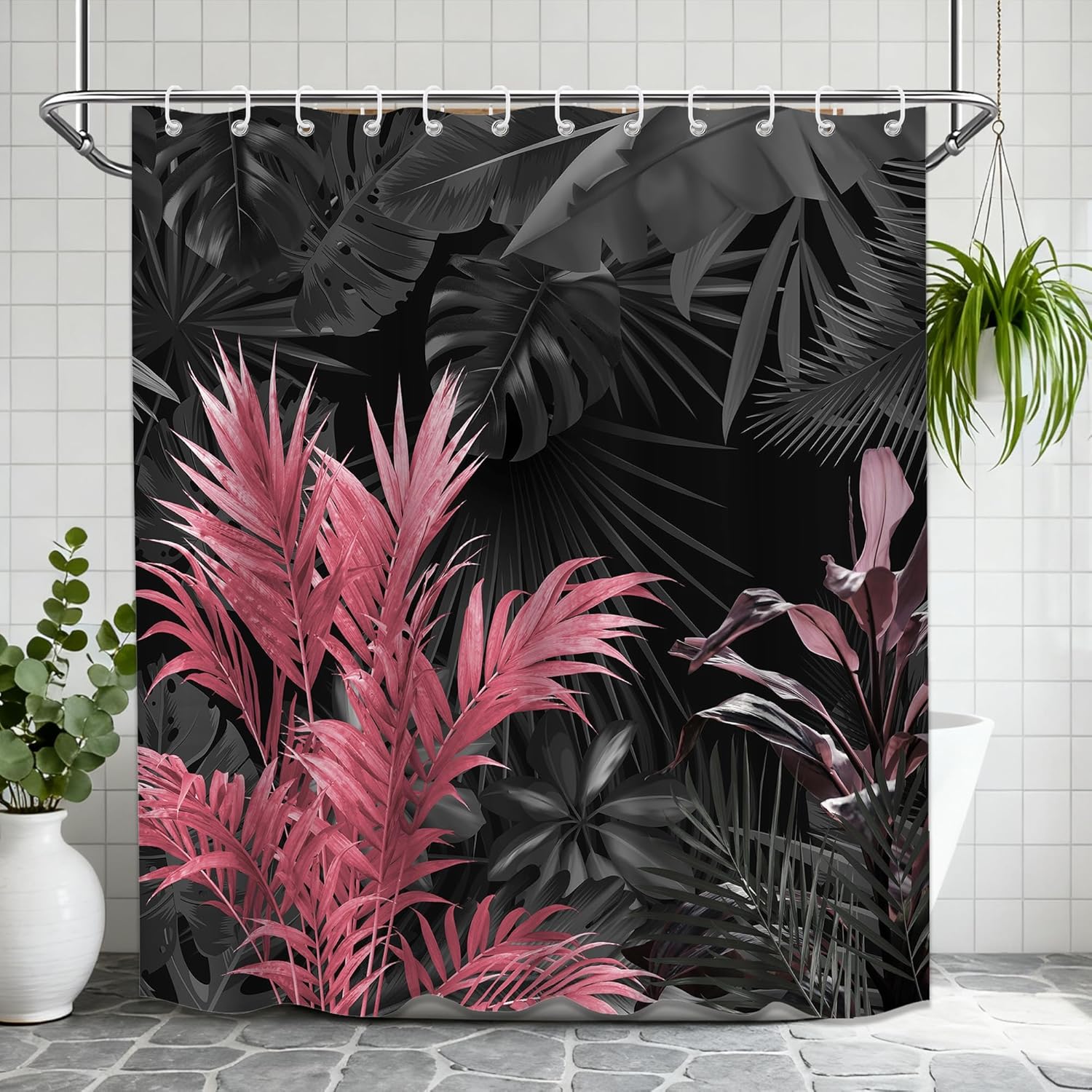 

Pink & Black Tropical Shower Curtain – Bold Palm Leaves & Exotic Foliage, Dramatic Bathroom Decor 71X71 Inch W60H190(CM)-1 Pcs
