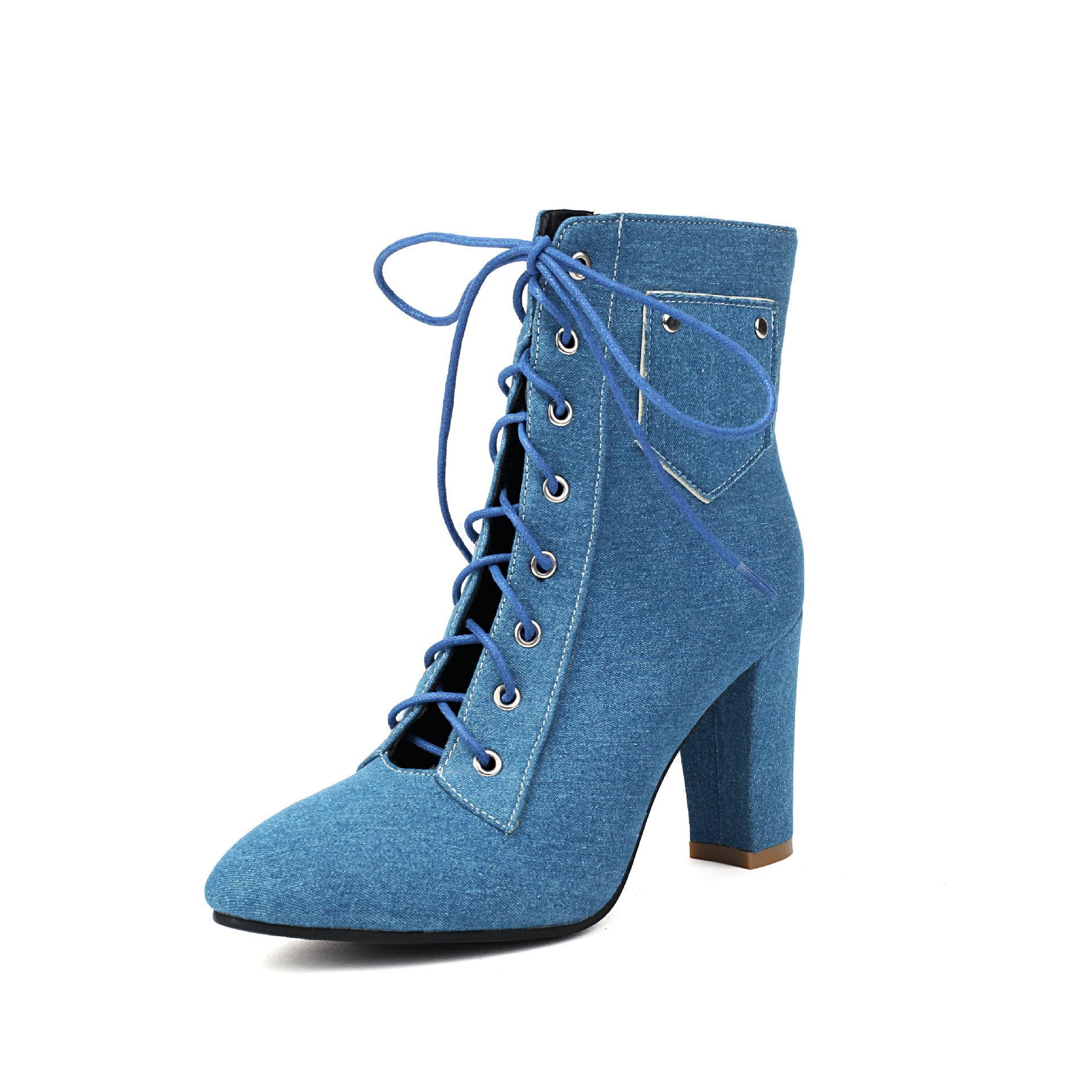 

New women s short boots denim fabric round head thick heel high heel hollow blue and ankle boots side 39 світло-синій колір