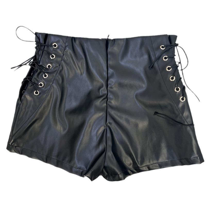 2023 Autumn/Winter Women's High-Waisted Black Faux Leather Shorts - Elastic, Casual, Tight Fit