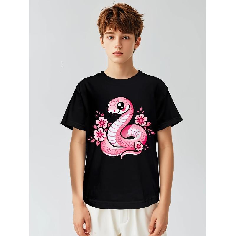 European Sizes Kawaii Pink Snake and Flowers Year of Snake Funny Awesome Graphic Kid T-Shirt | Casual Streetwear Tees Tops for Kids