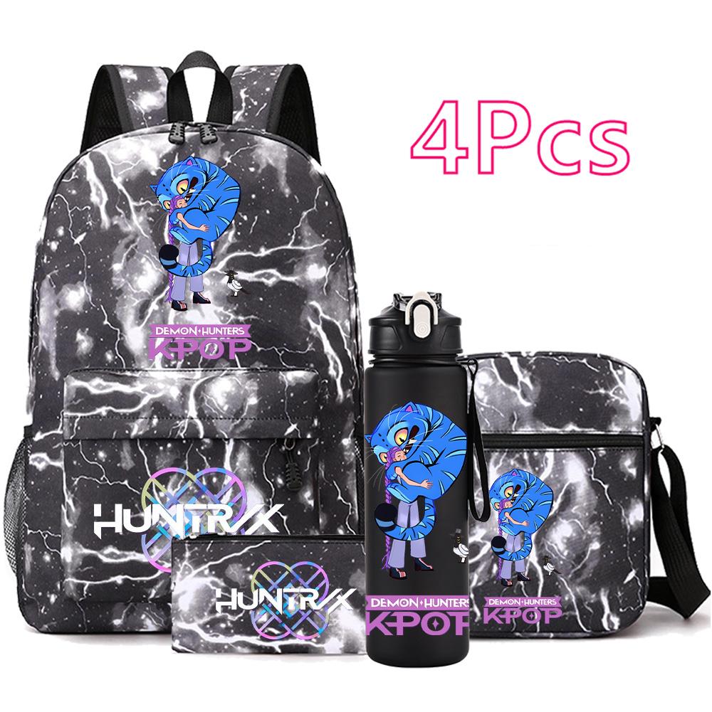 4Pcs/set Anime K-Pop Demon Hunters Printed Backpack Bookbag Shoulder Bag Case Bag with 750Ml Water Bottler for Boy Girl Large Capacity Schoolbag