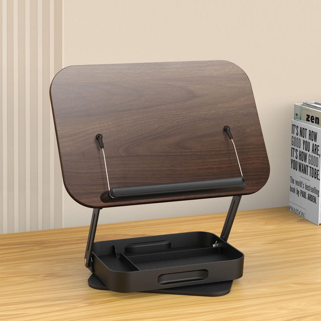 Desktop Book Stand for Reading with Rotate Base Wooden Panel Page Clips Storage Compartments Foldable and Angle