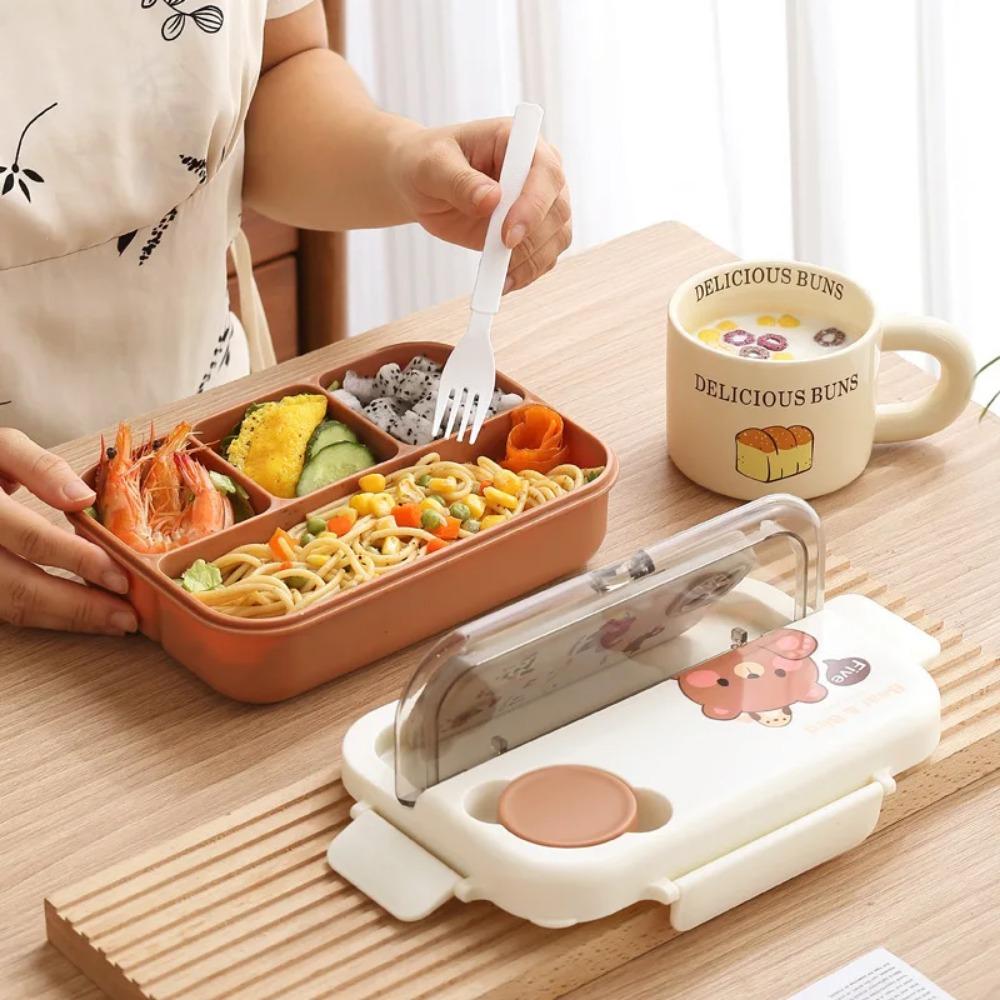 Cartoon Cute Bear 4-Grid Lunch Box Including Tableware Lunch Bento Box for Students Office Workers Can Be Heated By Microwave
