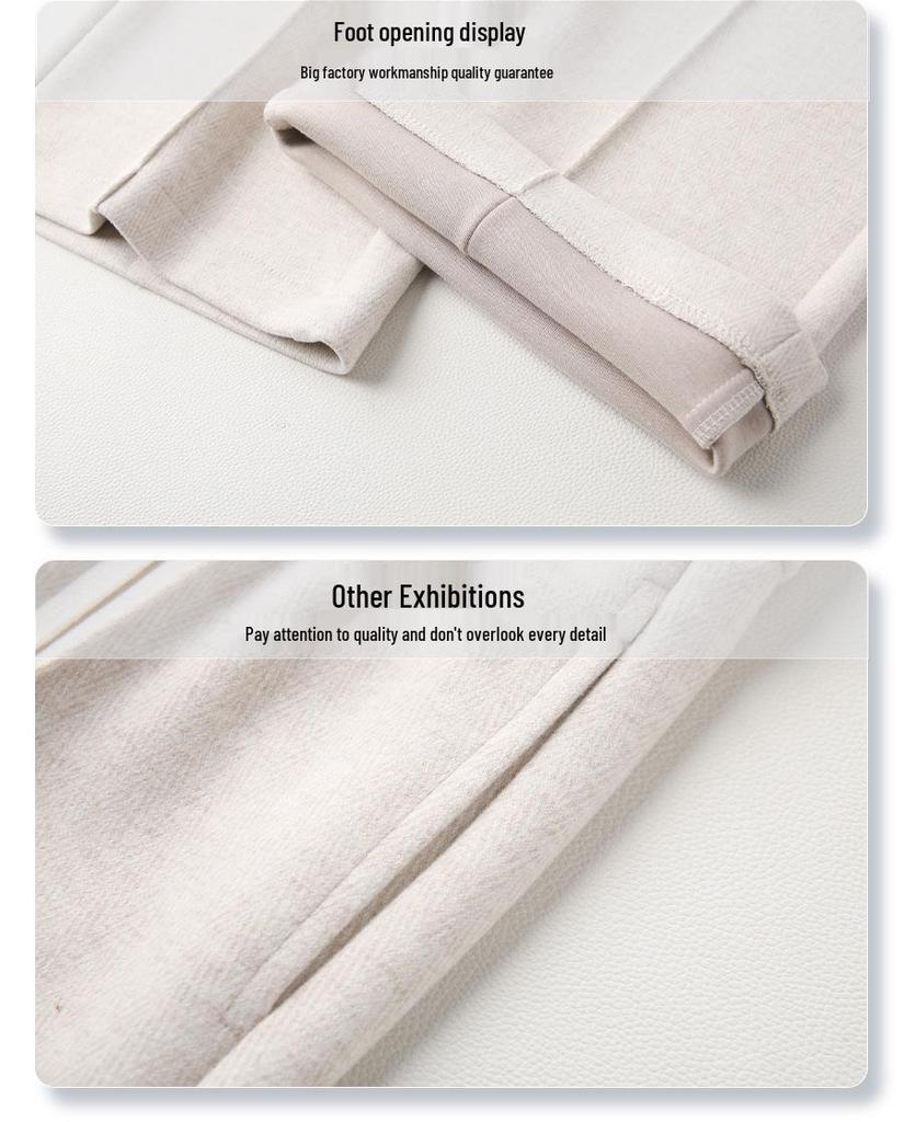 2024 New Beige Wool Blend Women's Wide-Leg Pants - Autumn/Winter Casual Straight-Leg Style
