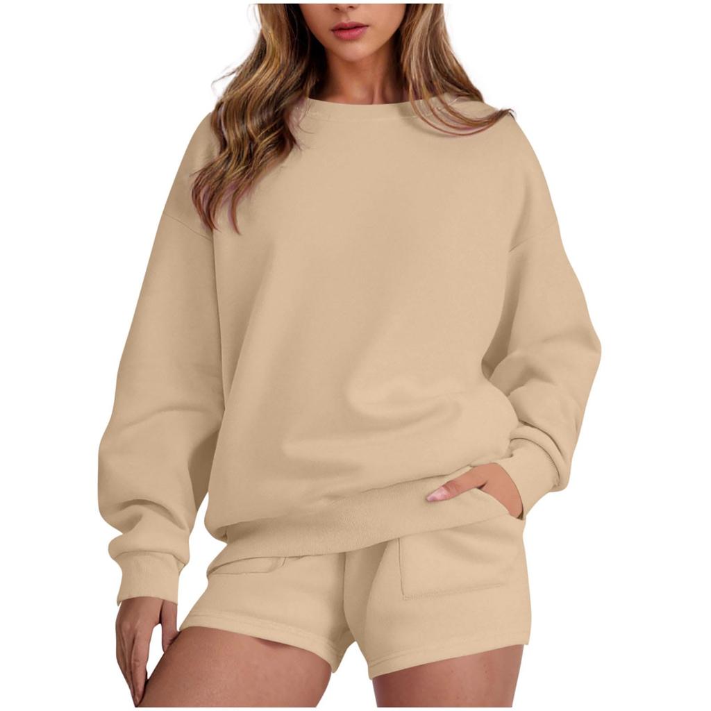 Women's Fashion Sportswear Casual Long-Sleeved Pullover Sweatshirt Drawstring Shorts Set