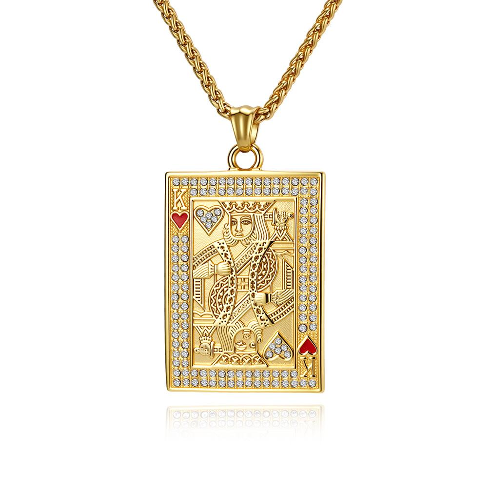 Popular Hip Hop Full Diamond Playing Cards Hearts K Pendant Titanium Steel Gold Plated Couple Necklace Niche Trend