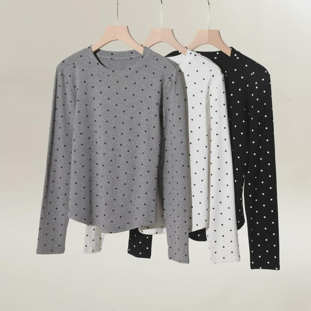 Polka Dot Long-Sleeve Round-Neck Women's Slim Fit Casual Top for Autumn/Winter.