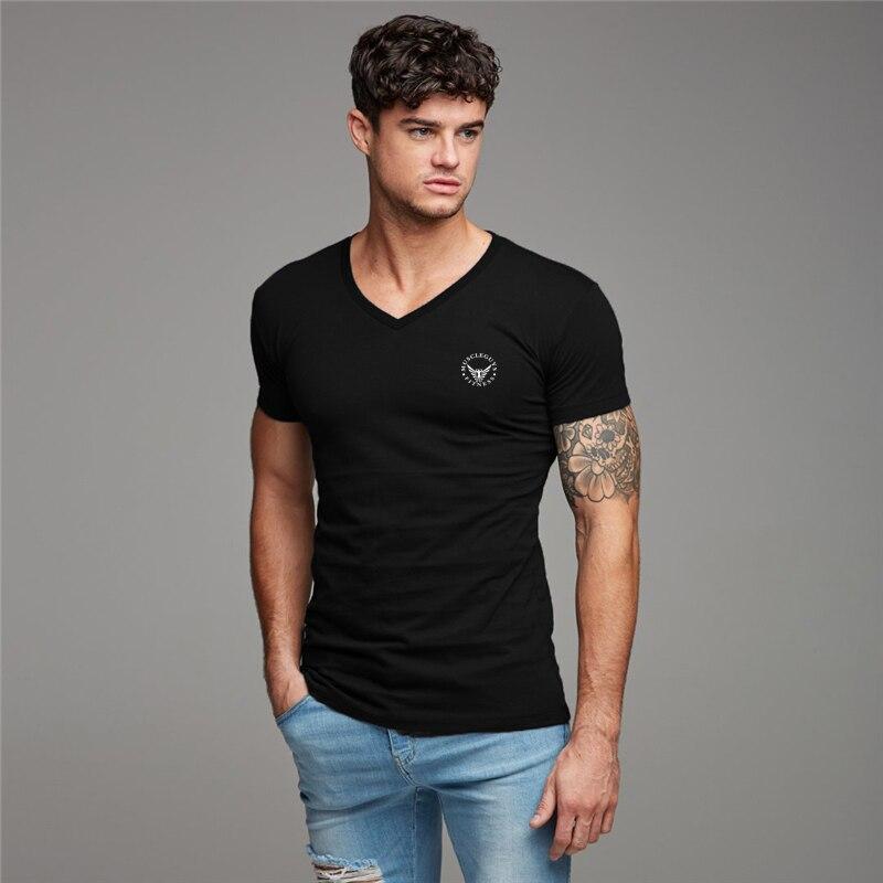 Muscleguys Nová značka Pánské tričko s výstřihem do V Bavlna Pohodlné Krátký rukáv Tričko Prodyšné Jednobarevné tričko Módní Slim fit tričko