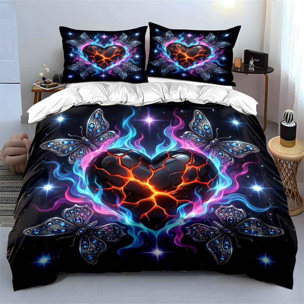 Burning Heart and Glittering Butterflies Print Bedding Set 1 Duvet Cover 2 Pillowcases for Adult and Children Luxury Gift