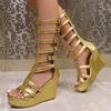 Women's 2026 Summer Fashion Gold Roman Knee-High Wedge Sandals Peep Toe Ultra High Heel Belt Buckle Gladiator Sandales Shoes