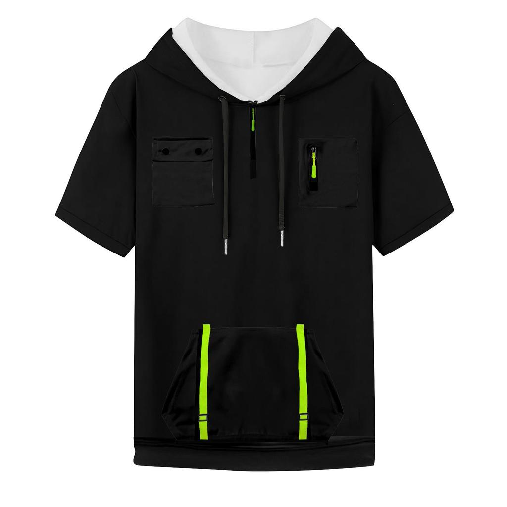 Men's Summer Shirt Zipper Pocket Short Sleeve Hooded Sweatshirt Men's Sports Large Size Casual Sweatshirt
