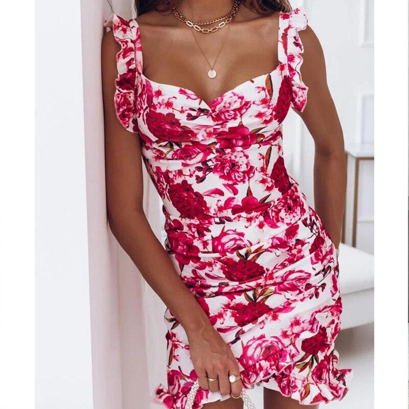 Summer Ruffle Party Dress Fashion Square Collar Sleeveless V-neck Floral Dress Mini Dress For Women Vestidos Elegant  21391