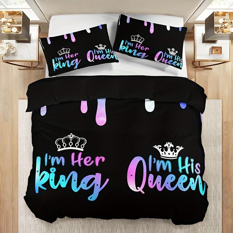 3-Piece Crown Letter Duvet Cover Set With 1 Duvet Cover And 2 Pillowcases Soft Breathable Hd Printing Bedding For Home And Dorm