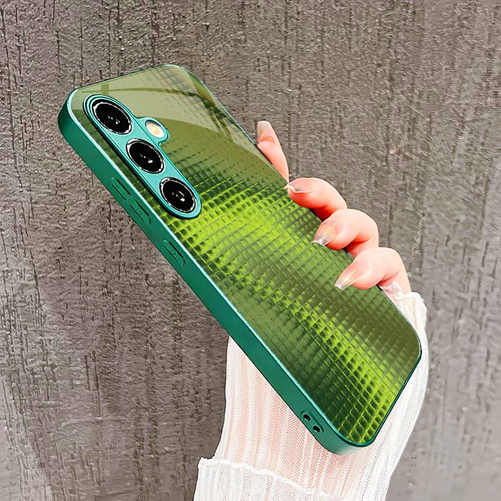 Grid-structured crystal Glass PhoneCase for Samsung Galaxy S26 S25 S24 S23 S22 S21 FE Ultra Plus Built-in glass green Exquisite