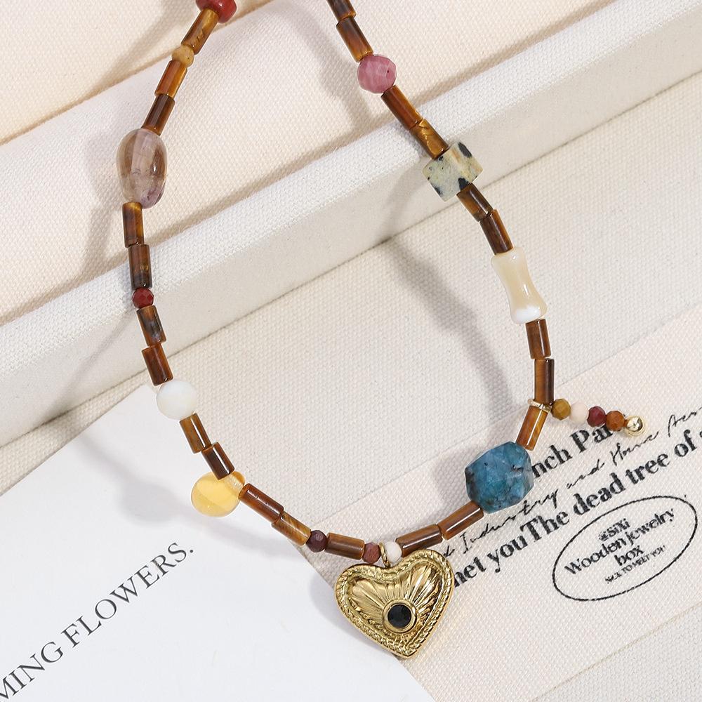 GEMCHIC Women's Retro Vintage Heart Natural Tiger Eye Stone Necklace, Colorful Beaded Clavicle Chain with Gold Pendant for Spring