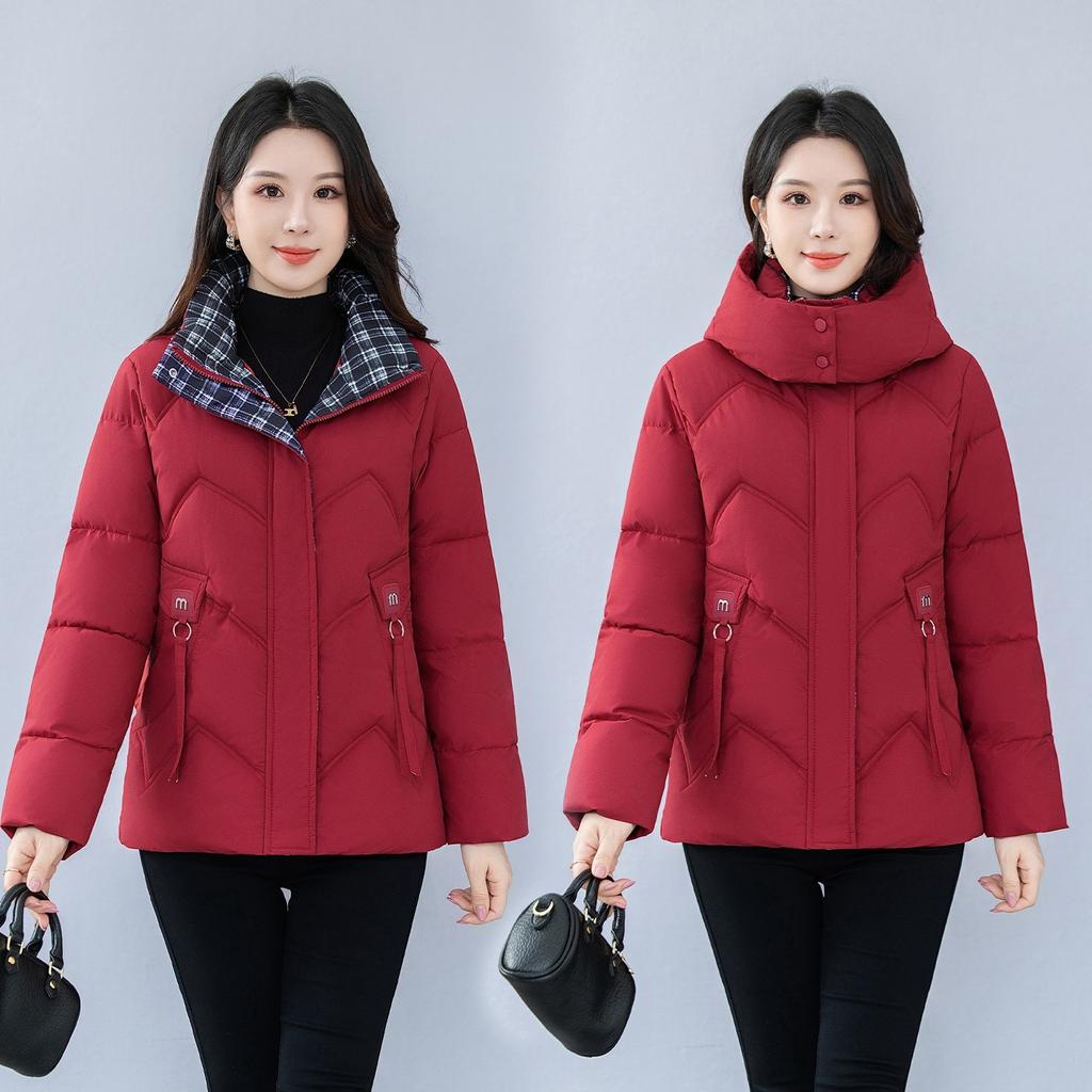 XL fattened large size plaid splicing hooded down cotton-padded jacket women's new loose cotton-padded jacket thickened cotton jacket
