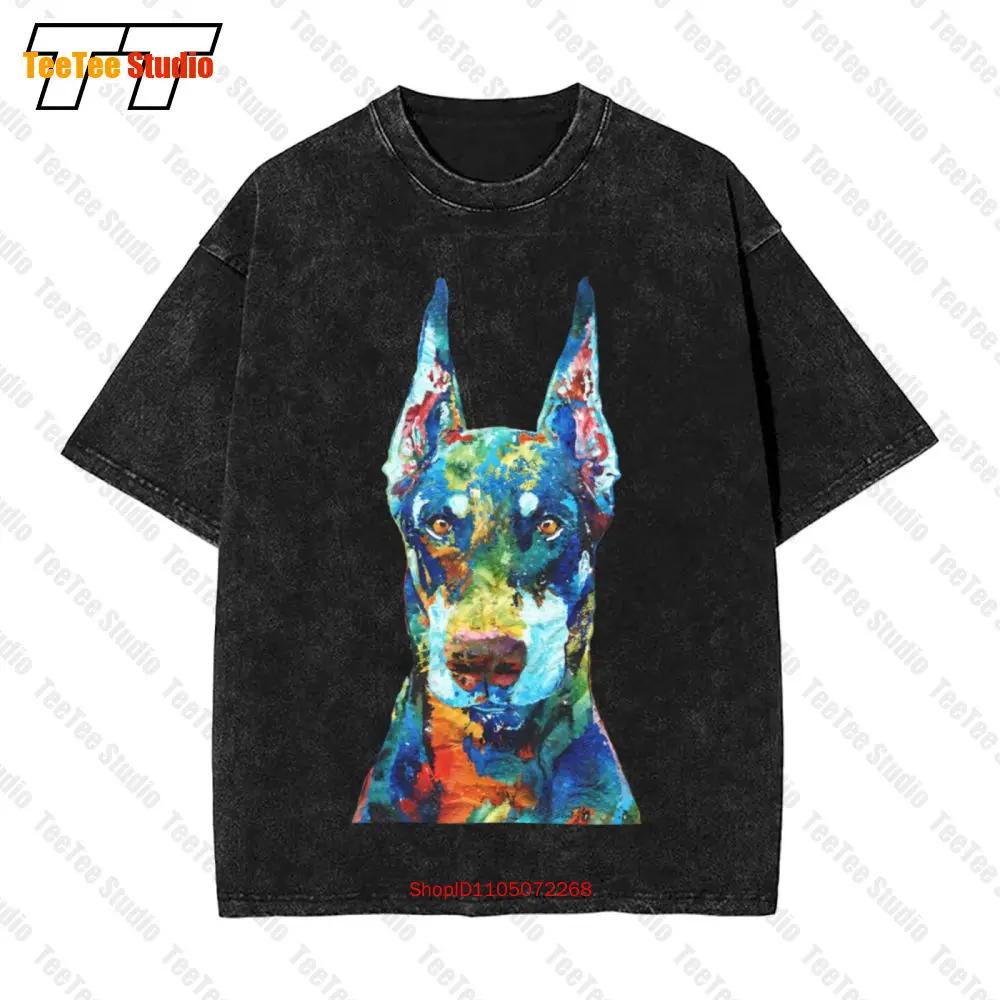 Colorful Doberman Pinscher Dog Art Sharon Cummings Vintage Oversized T-Shirt G0TD