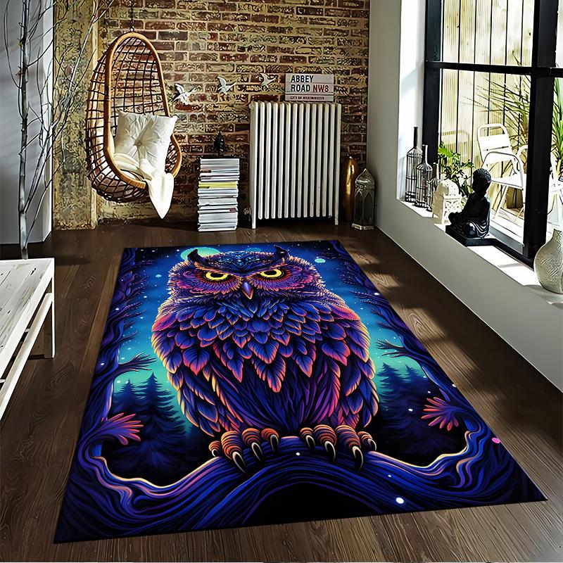 Colorful Owl Design Carpet with Forest Night Background, Home Decor Suitable for Use As an Anti-slip for Living Room Bedroom Sofas