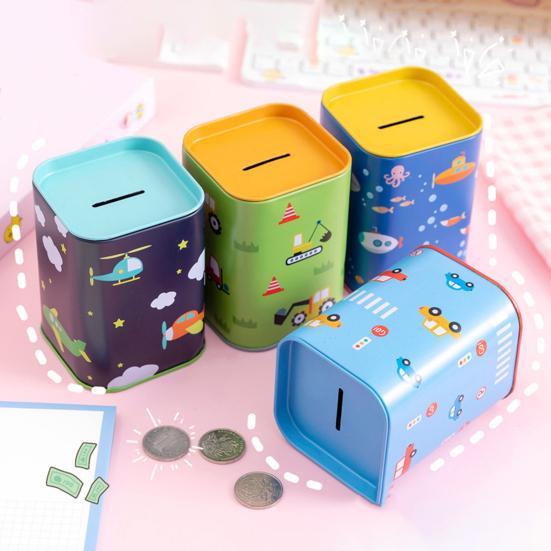 Square Tinplate Piggy Bank Cartoon Coin Cash Storage Jar Container Children Money Saving Box Decoration Boys Girls Gift