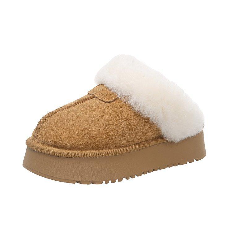Cowhide Version~ Slippers Women Wear Winter Fur Integrated Thick-soled Bag Head Fluffy Slippers Plush Snow Boots Cotton Shoes
