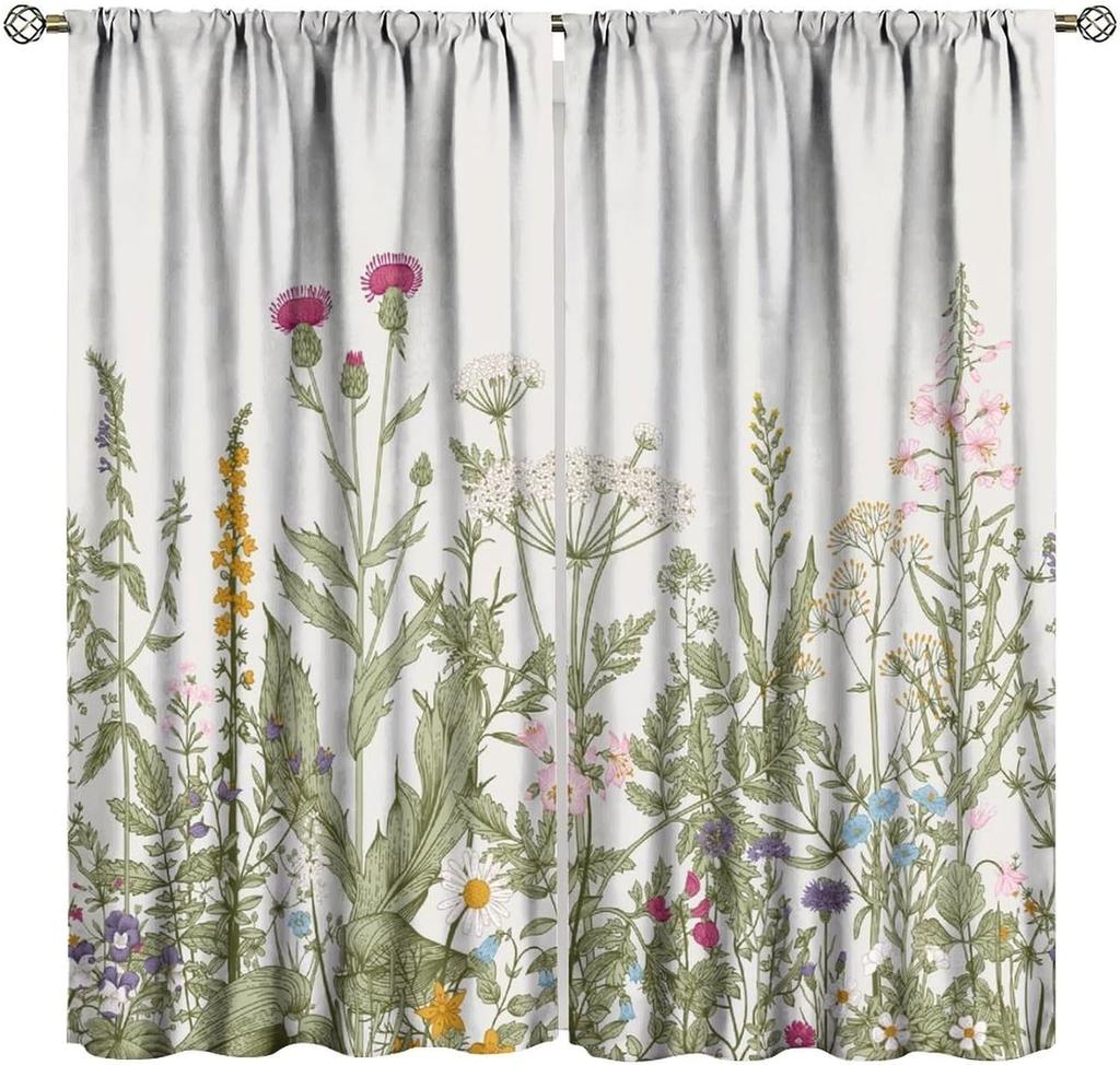 Floral Curta,Farmhouse Colorful Watercolor Wildflower Spring Flower Plant Botanical Pattern Decor Print Window Drapes For